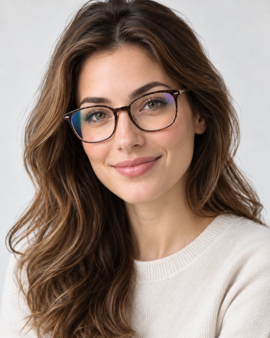 A mesma modelo usando óculos com tratamento antirreflexo: as lentes ficam transparentes e o olhar aparece.