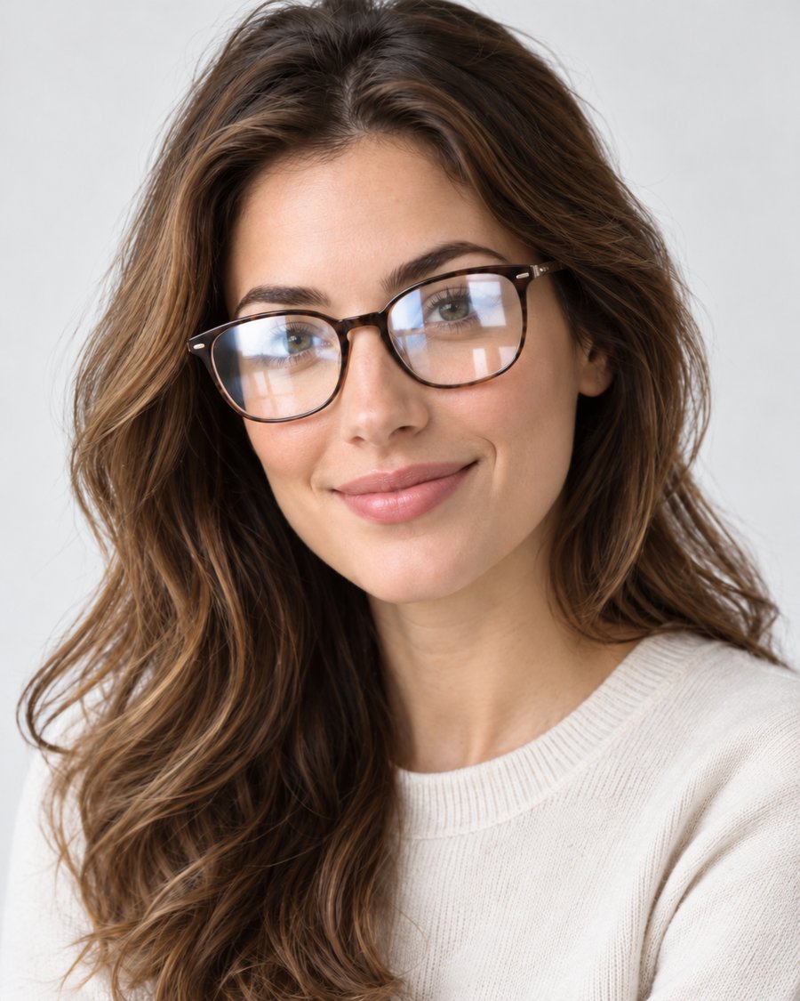 Modelo usando óculos sem tratamento antirreflexo: os reflexos do ambiente encobrem os olhos.